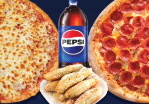 2 pizzas, one cheese and one pepperoni, with breadsticks and Pepsie.